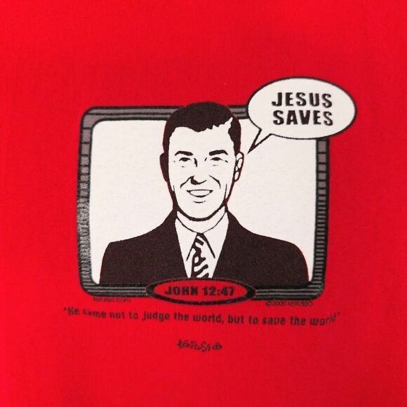 Vintage Christian T Shirt Mens Size Large Red Y2K Jesus Saves John 12:47 Bible - Picture 2 of 6